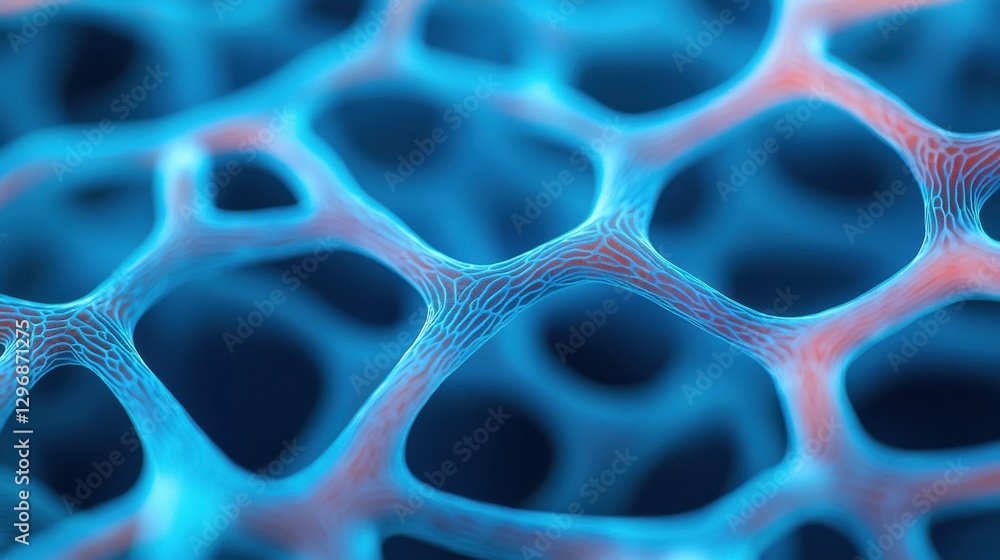 Poster a close-up view of an intricate, glowing network of interconnected cells or structures, highlighting