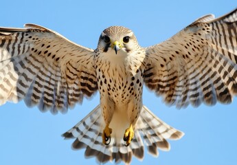 Obraz premium Majestic Falcon in Mid-Flight with Outstretched Wings Against a Clear Blue Sky, Showcasing Impressive Feather Patterns and Sharp Focus