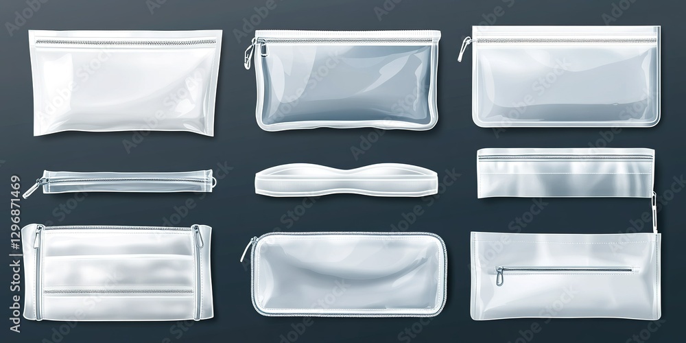 Poster various clear pouches and bags for storage displayed on a dark background showcasing different shape