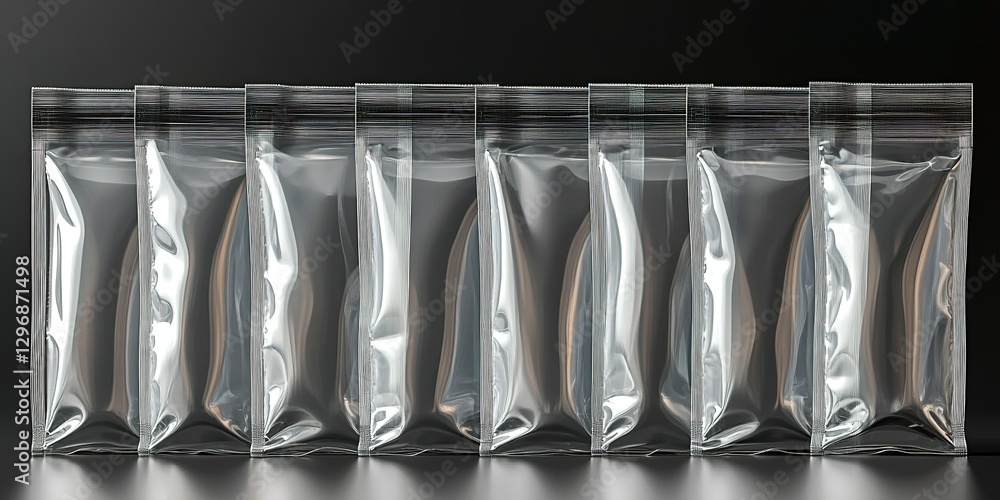 Poster clear resealable bags arranged in a row on a dark surface highlighting their glossy texture and tran