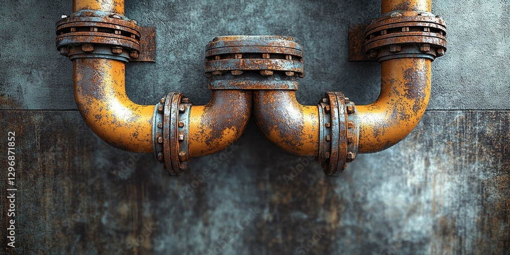 Poster rusty industrial pipes create a rugged texture against a worn metal background in a workshop setting
