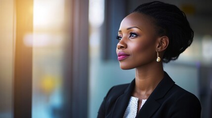 Obraz premium African businesswoman exuding confidence and professionalism in a modern workplace setting. 