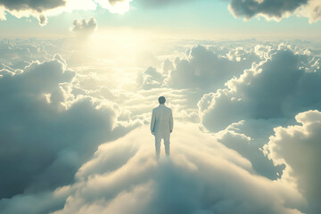 Person in White Suit Standing on Clouds, concept of heaven