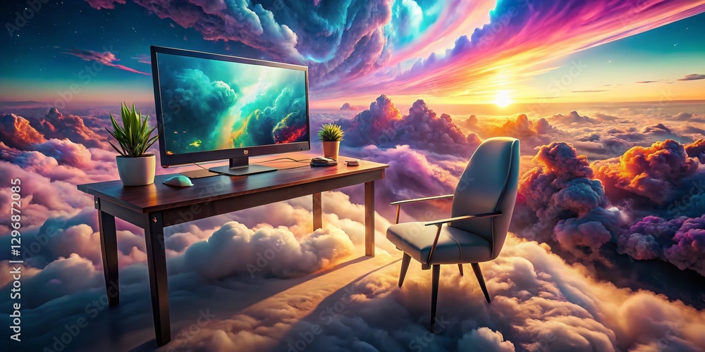 Aufkleber surreal office: floating computer desk with monitor and keyboard in a dreamlike landscape