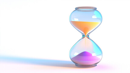 A futuristic hourglass with glowing sand against a bright white background, symbolizing time, change, and the passage of moments, showcasing a sleek and modern design