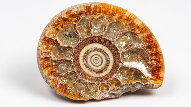 A beautifully detailed ammonite fossil featuring a spiraled shell with vibrant orange and brown hues, showcasing natural patterns and textures.