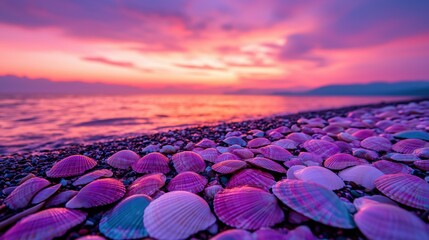 Obraz premium A vibrant sunset casts hues over a beach scattered with colorful seashells, creating a serene and picturesque coastal scene.