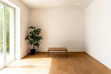 Fototapeta premium Bright, minimalistic interior featuring wooden flooring and sing