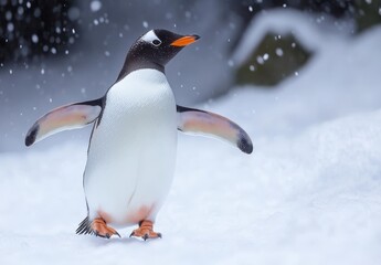 Naklejka premium Majestic Gentoo Penguin Standing on Snowy Background with Fluffy Snowflakes Falling Gracefully in a Cold Antarctic Environment