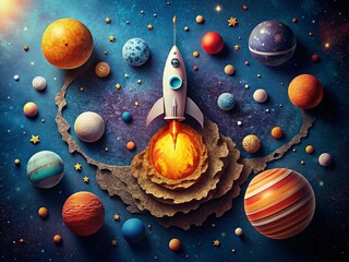 Surreal Paper Cut Solar System Banner with Rocket - Cosmic Space Exploration