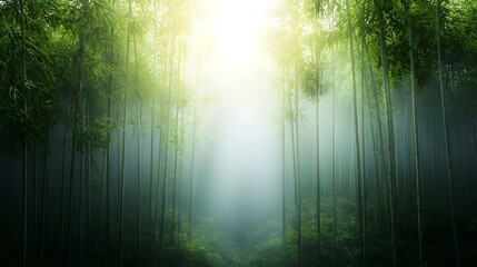 Fototapeta premium Serene and tranquil bamboo forest with golden sunlight gently filtering through the lush green leaves and creating a misty ethereal atmosphere in the open center A soothing