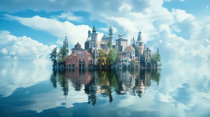 Obraz premium A serene castle reflected in calm waters.