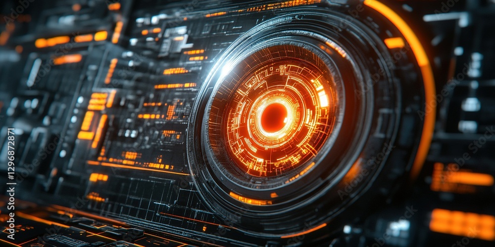 Aufkleber futuristic digital interface with glowing orange patterns and intricate circuitry details