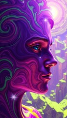 Digital Female Profile in Swirling Purple and Teal Hues Against Futuristic Lime-Green Landscape