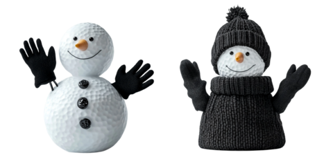 One of a snowman smiling and waving with black gloves on its hands, against a transparent background