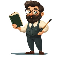 Charming Bookworm: A whimsical illustration of a bearded man with a mustache and spectacles, dressed in a waistcoat and holding a book, capturing the delight and immersion of literature.