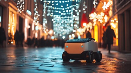 Modern autonomous food delivery robot navigating a blurred christmas city street scene