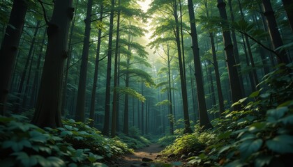 Obraz premium Serene Path Through Lush Green Forest Sunlight Filtering Through Tall Trees and Undergrowth