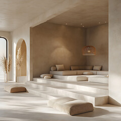 minimalist interior with neutral tones features simple geometric shapes, cozy seating area, and natural light. space is enhanced by soft cushions and woven pendant light