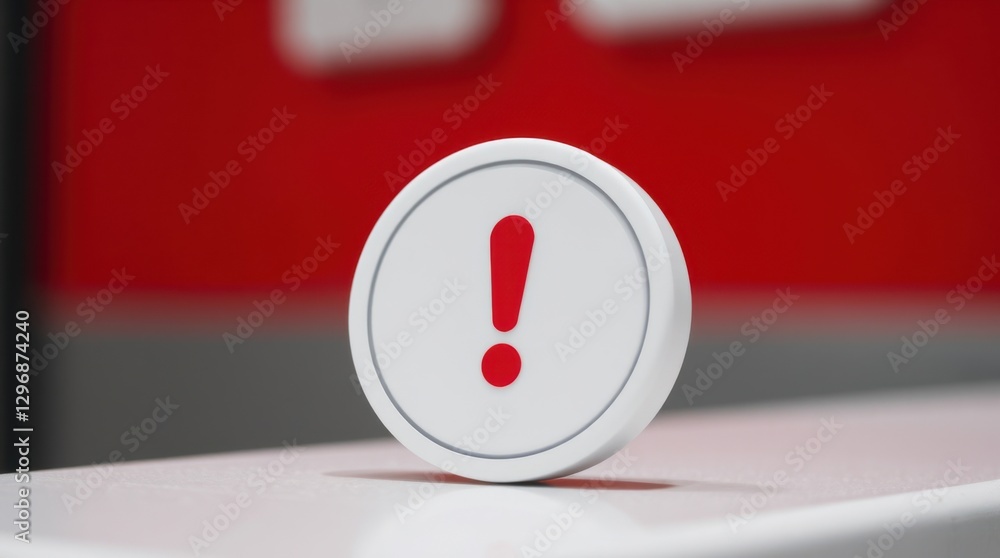 Poster close-up of a round white object with a red exclamation point centered on its surface, caution theme