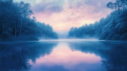 A serene lake reflecting trees and a beautiful pastel colored sky
