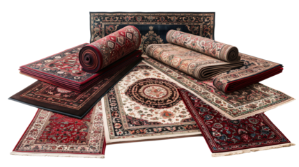 The photo shows a set of oriental carpets of various sizes, colors and patterns. Some carpets are laid out on the floor, while others are neatly rolled into rolls. PNG Image.