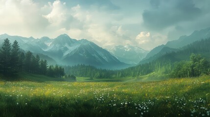 Obraz premium Verdant Meadow Nestled Between Majestic Mountains Under Cloudy Skies