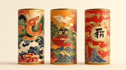 Fototapeta premium Colorful decorative tea cans with Asian designs.
