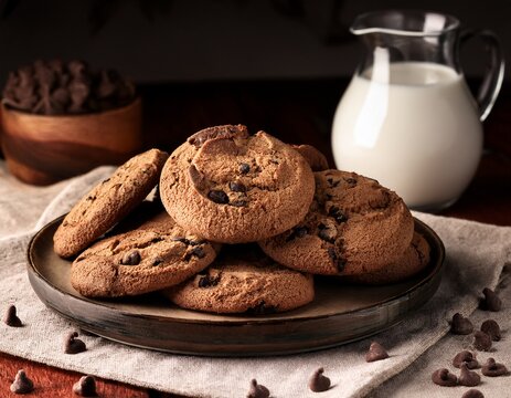 Chococolate chip cookies with milk - Powered by Adobe