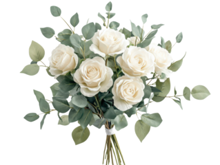 A beautiful bouquet of white roses with green leaves, perfect for decoration.