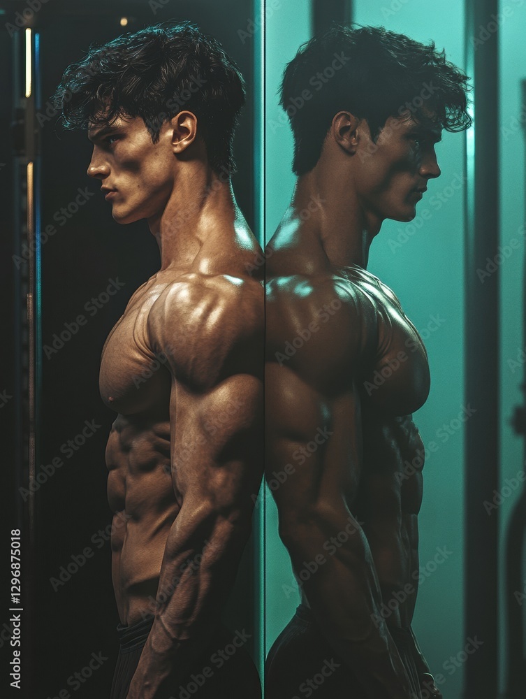 Poster muscular man showcasing strength during a workout session in a gym during the evening hours under so