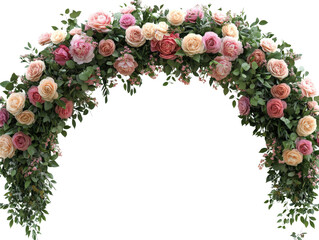 A beautiful floral arch arrangement showcasing soft pink and cream roses in full bloom.