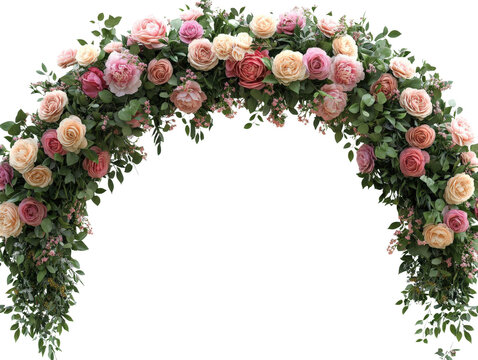 A beautiful floral arch arrangement showcasing soft pink and cream roses in full bloom.