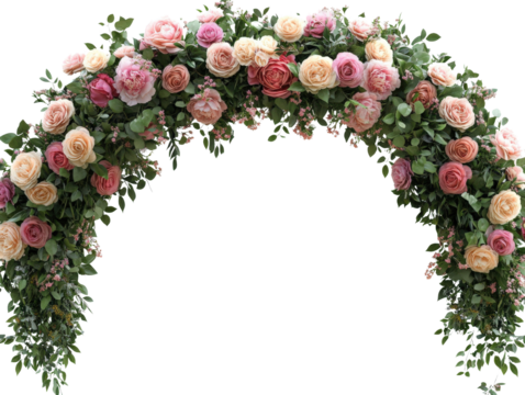 A beautiful floral arch arrangement showcasing soft pink and cream roses in full bloom.