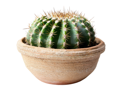 A beautiful round cactus in a rustic pot, showcasing its unique spiky green texture.