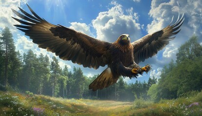 Majestic Golden Eagle Soaring Over a Lush Green Meadow with Sunlight and Dramatic Clouds in a Serene Natural Landscape for Wildlife Enthusiasts