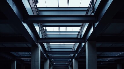 Interior view of a building with structural beams and skylights