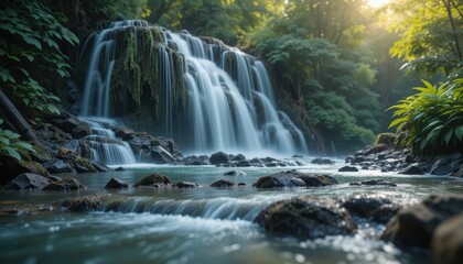 Fototapeta premium Serene Waterfall Cascading Through Lush Tropical Rainforest Sunlight Tranquil Nature Scene