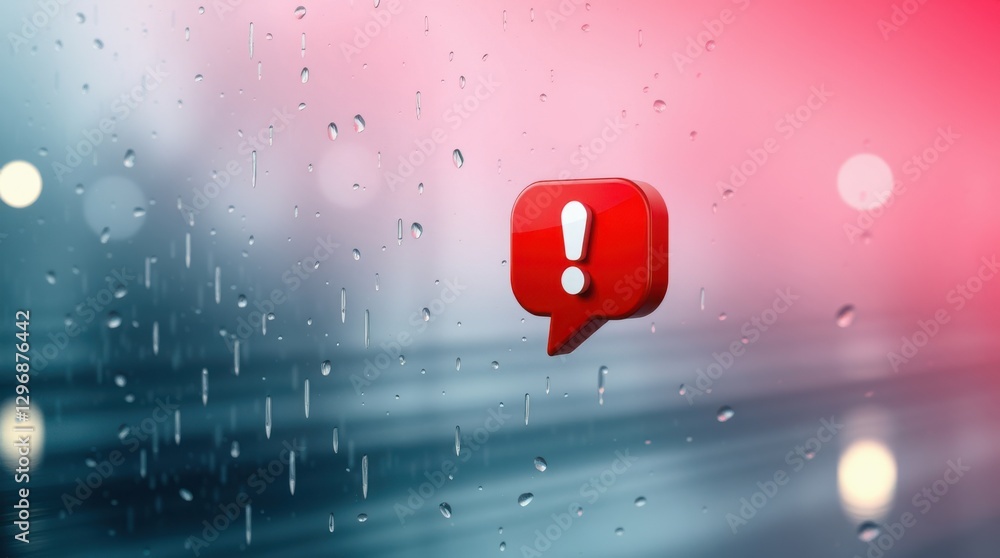 Poster a red speech bubble with an exclamation point conveys a message of warning or urgent notification.