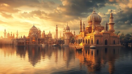 Obraz premium Majestic architecture reflected in serene water.