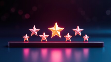 Fototapeta premium Seven stars lined up on a platform, one glowing golden, symbolizing quality and top performance.