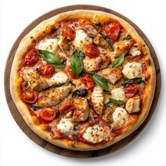 Highquality overhead image of Chicken Pizza on wooden board
