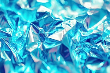 Abstract Background of Crinkled Turquoise Foil Texture Shiny Light Blue Metallic Surface Wrinkled Paper Pattern Iridescent Glimmering Gleaming Reflective Shimmering
