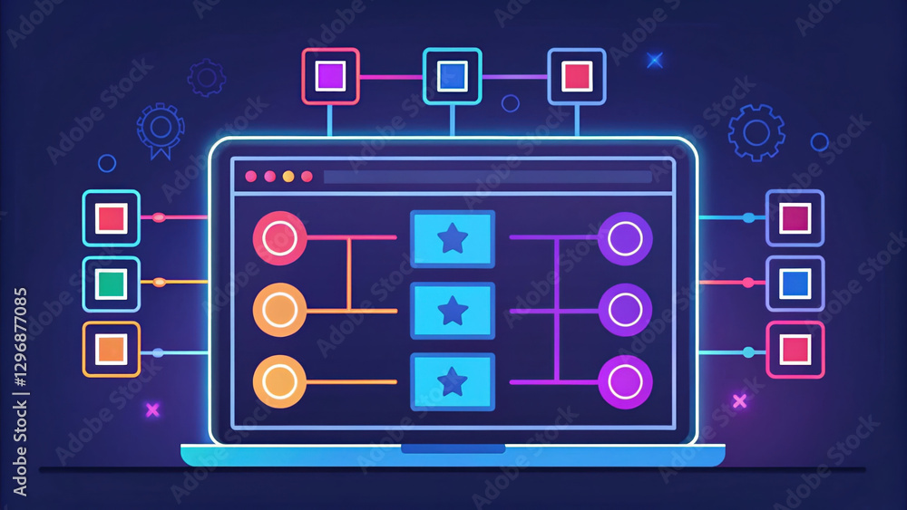 Poster vibrant cyber themed illustration of laptop displaying search engine interface with colorful icons a