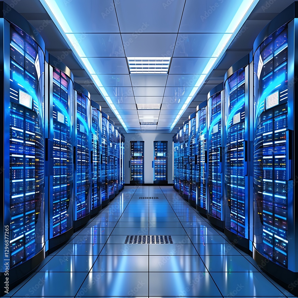 Poster modern server room with rows of glowing blue computer racks, symbolizing data storage, network infra