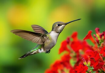 Fototapeta premium Colorful Hummingbird Hovering Near Vibrant Red Flowers in Bright Garden Environment During Sunny Day in Nature's Serene Beauty