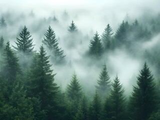 Fototapeta premium Foggy Morning in Dense Pine Forest for Mystery Book Covers – Generative AI