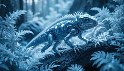 Futuristic Robotic Lizard in a Mystical Blue Forest Scene A Digital Art Creation of a Mechanical Reptile Among Ferns