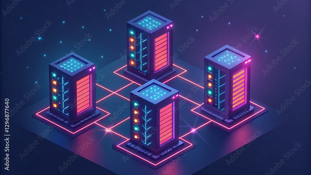 Poster futuristic digital data center with glowing servers connected in network. vibrant neon colors create