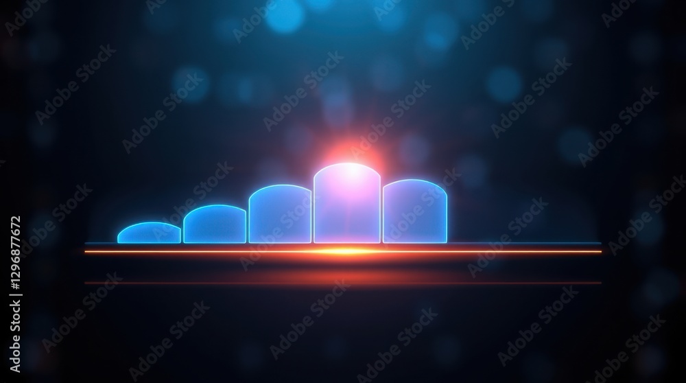 Poster Abstract glowing bar graph with increasing levels and bokeh lights. Minimalist and futuristic.